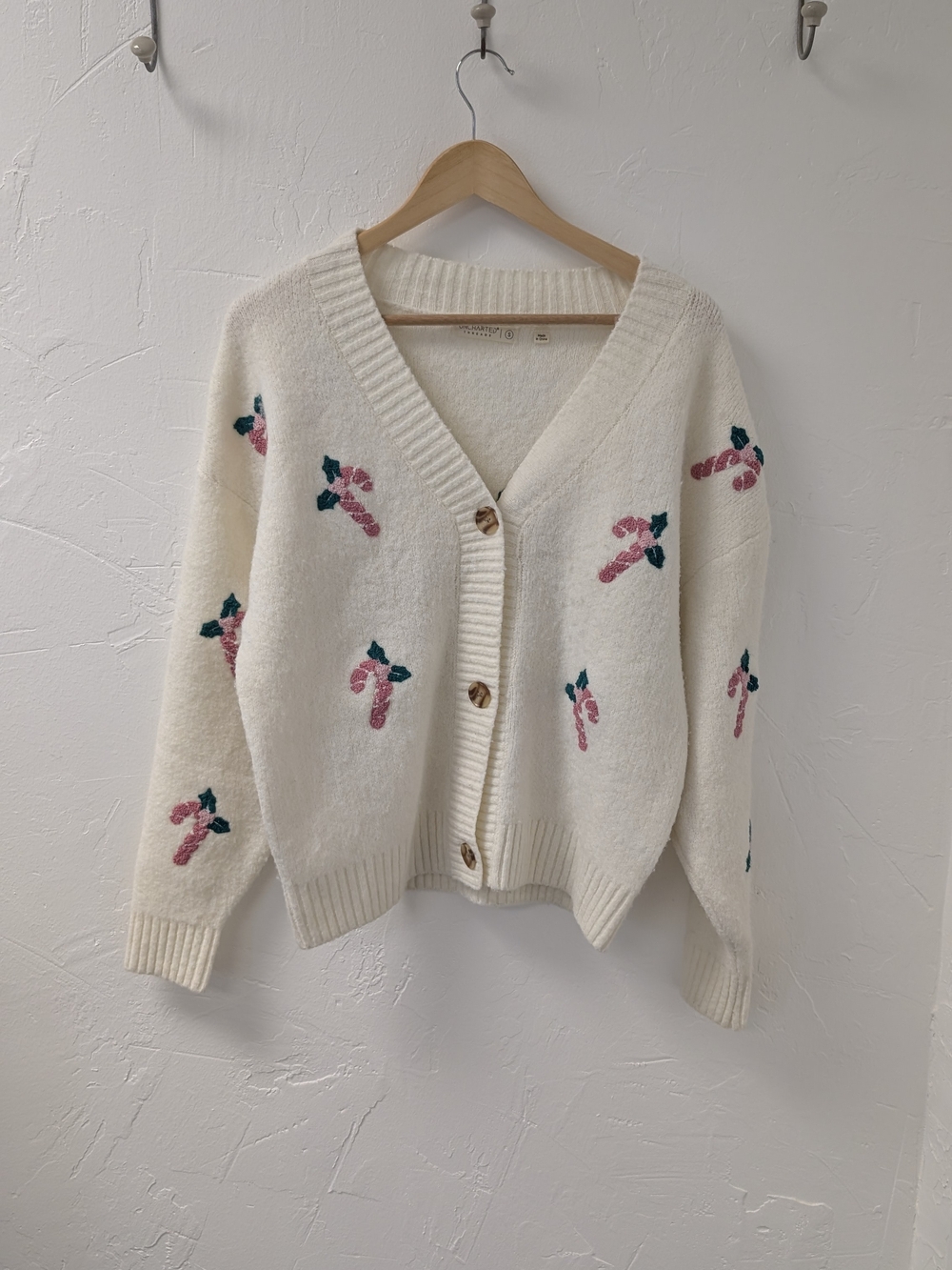 Uncharted Threads Candy Cane Cardigan Sweater Ivory Pink Green Size S Christmas